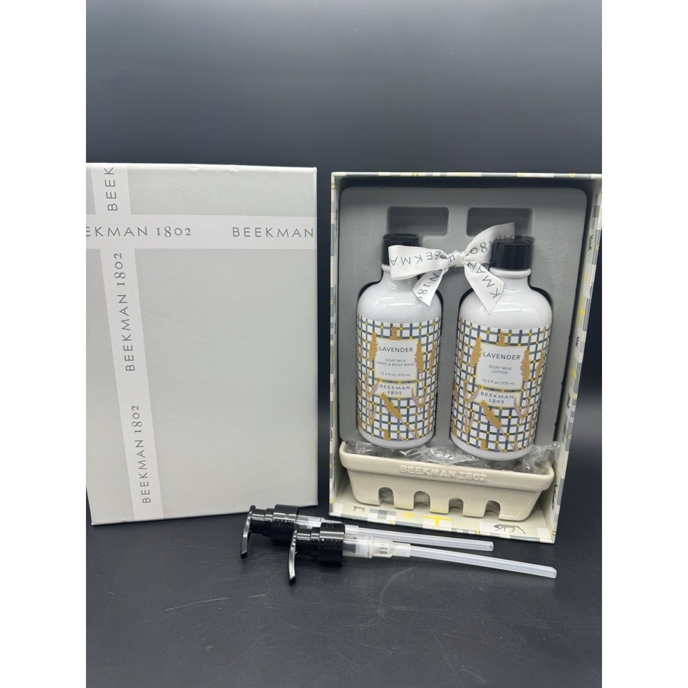 Beekman 1802 Lavender Goat Milk Lotion & Wash Gift Set w Ceramic Tray NEW